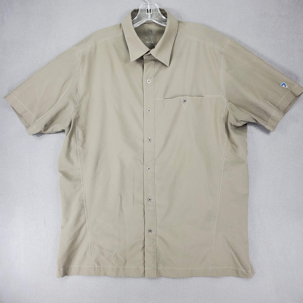 Kuhl Button Down Shirt Men L Tan Tufflex‎ Short Sleeve Stretch Hiking Outdoor
